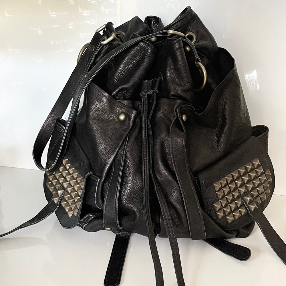 Tylie Malibu RARE Studded Black Leather Bag with Brass Hardware and brass studs.